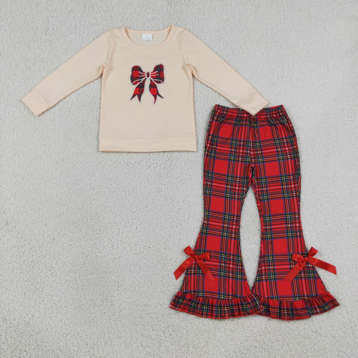 Baby Girls Kids Embroidery Christmas Bows Tunic Plaid Pants Set Clothes RTS