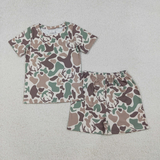 Toddler Kids Short Sleeves Deer Camo Shirt Shorts Hunting Pajamas Set RTS