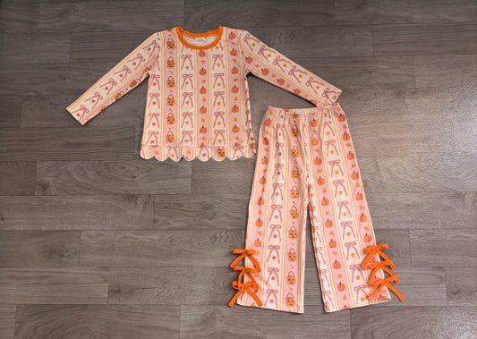 ( No moq ) Preorder Baby Girls Kids Pumpkins Scallop Shirt Bows Pants Set Fall Clothes