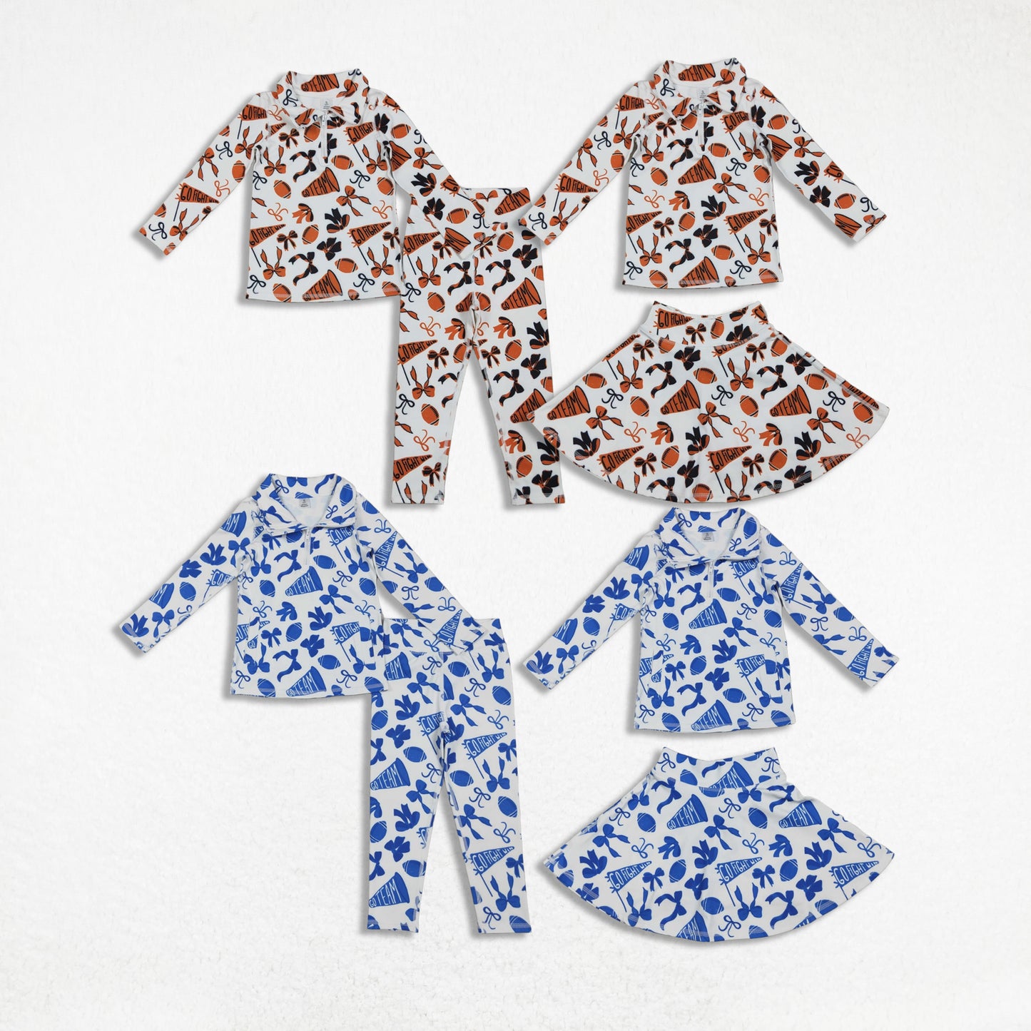 Sibling Baby Girl Orange Blue Football Bows Team Cheer Zipper Shirt Skort Pants Yoga Active Set RTS