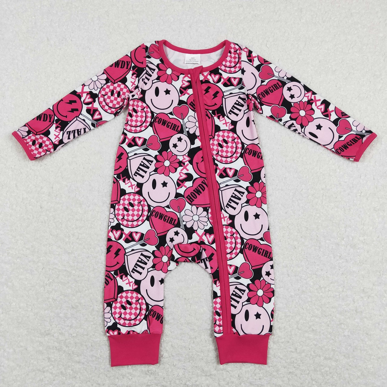 LR0896 Valentine's Day Baby Girl Long Sleeves Smile Hearts Floral Zipper One Piece Romper