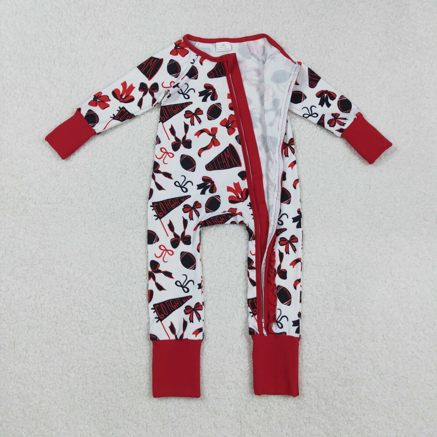 Baby Girl Long Sleeves Football Bows Team Cheer Red Zipper Romper RTS