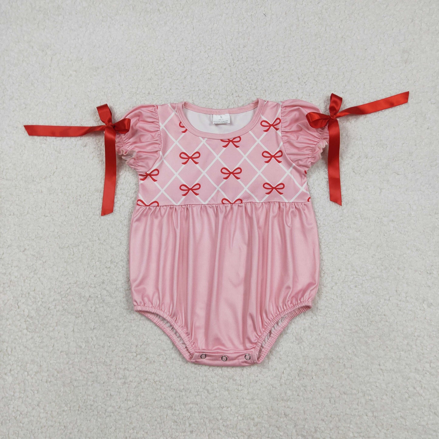 Baby Girls Infant Short Sleeves Bows Pink Bubble Romper RTS