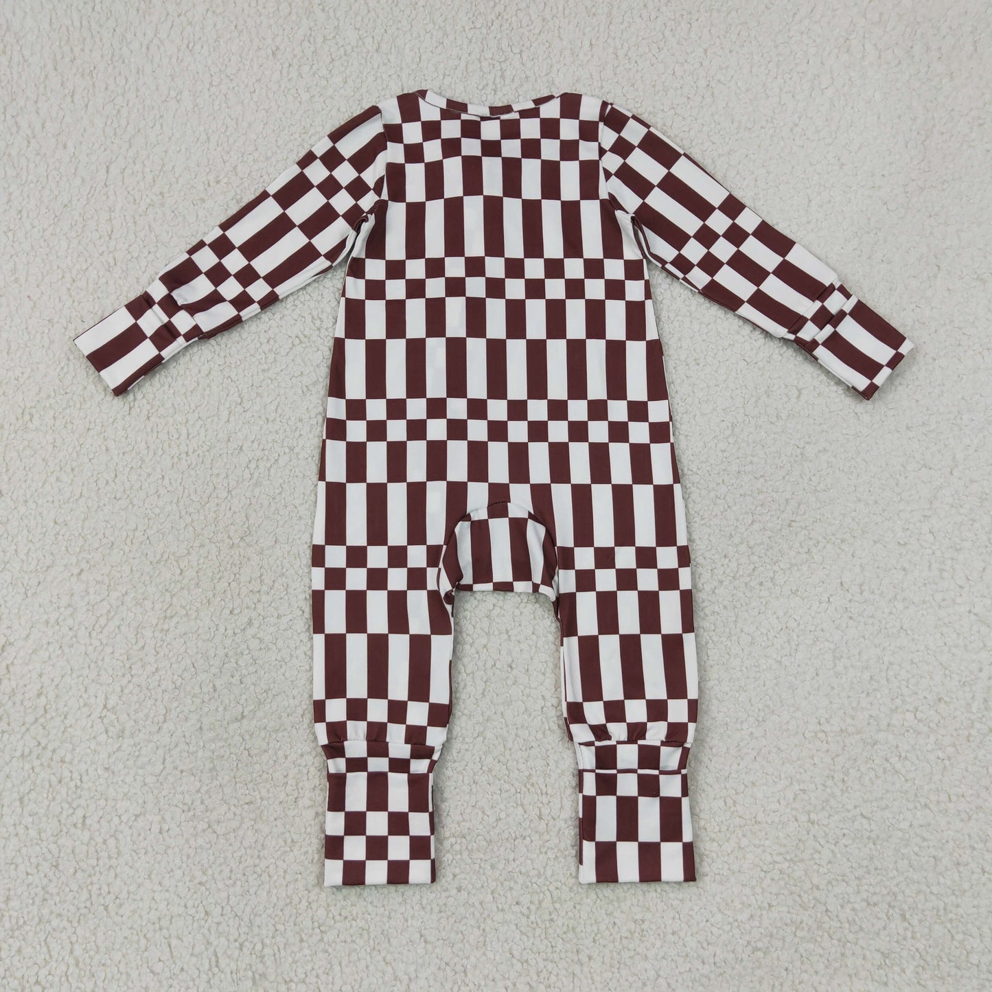 Baby Boys Kids Long Sleeves Brown White Plaid Zipper Footie Sleeper Romper Clothes RTS