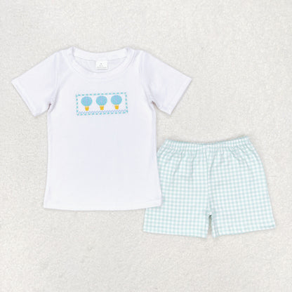 Baby Boy Short Sleeves Embroidery Balloons Shirt Plaid Shorts Summer Set