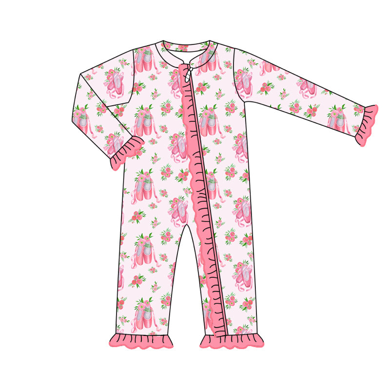 Baby Girl Long Sleeves Flower Shoes Pink Zipper Romper