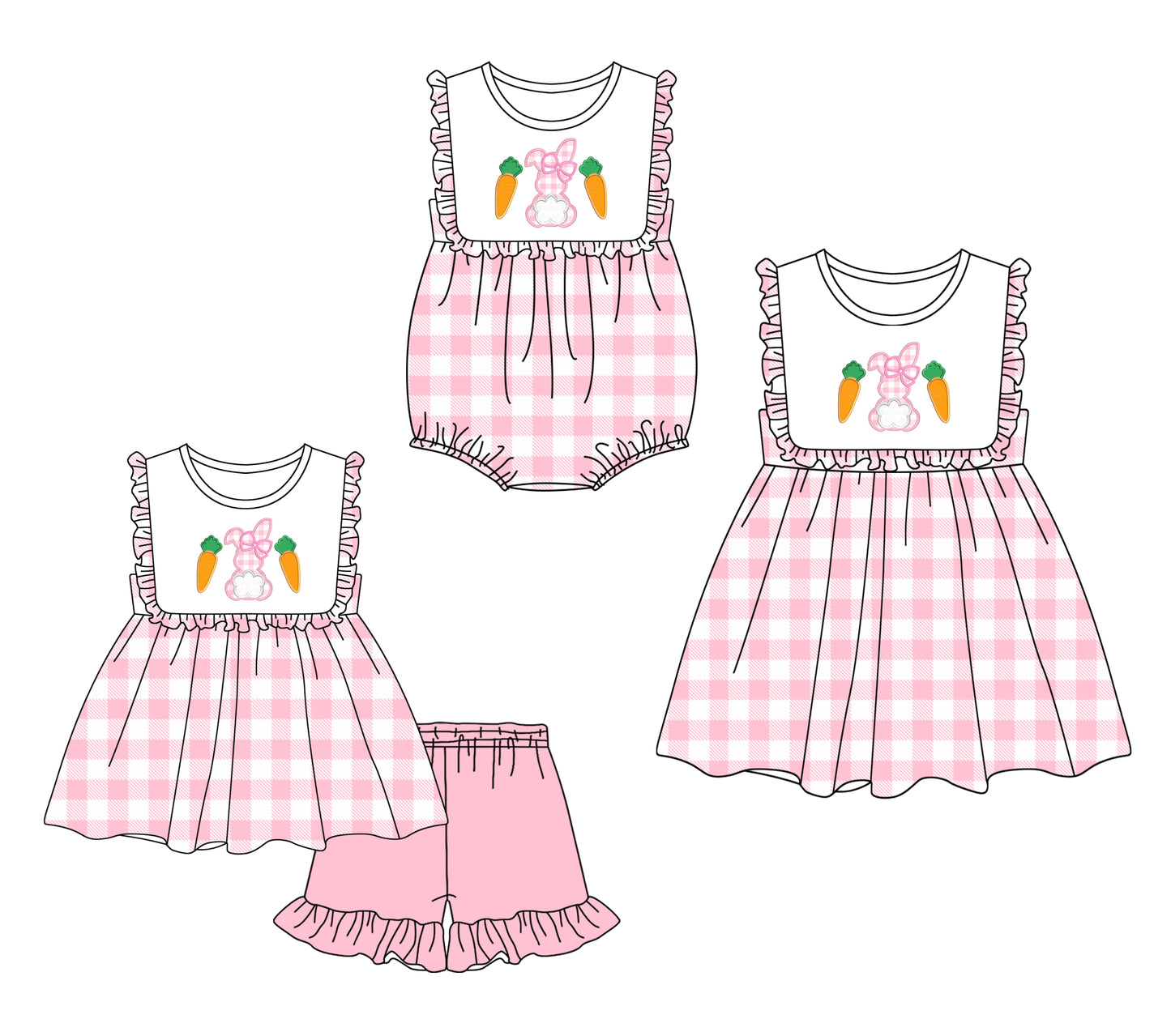 Baby Girl Short Sleeves Easter Rabbits Carrots Sibling Romper Dress Clothes Set ( Moq 5 Each Design )12.6