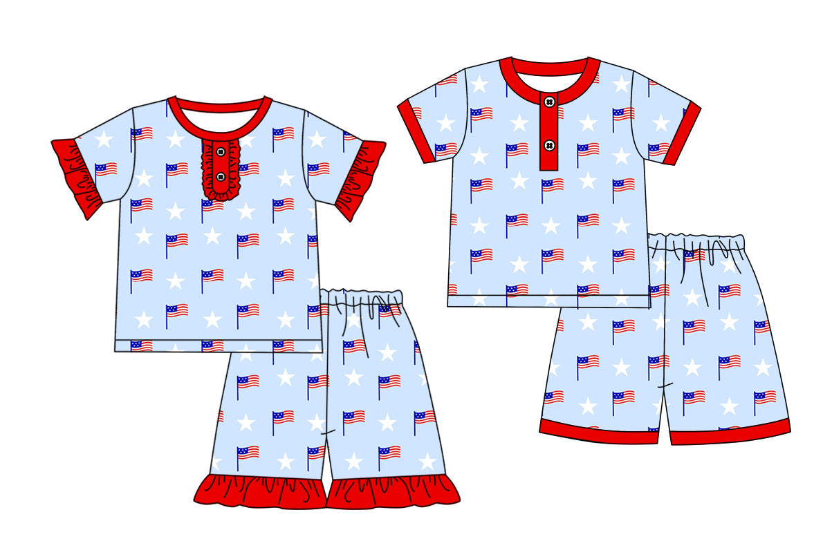 Baby Boy Girl July 4th Flags Stars Sibling Pajamas Set ( Moq 5 Each Style ) 2.13