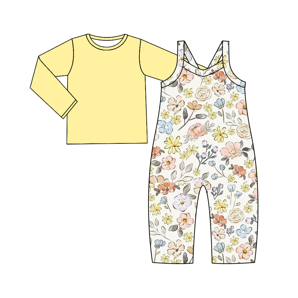 Baby Girl Toddler Long Sleeves Yellow Shirt  Flower Jumpsuit Set