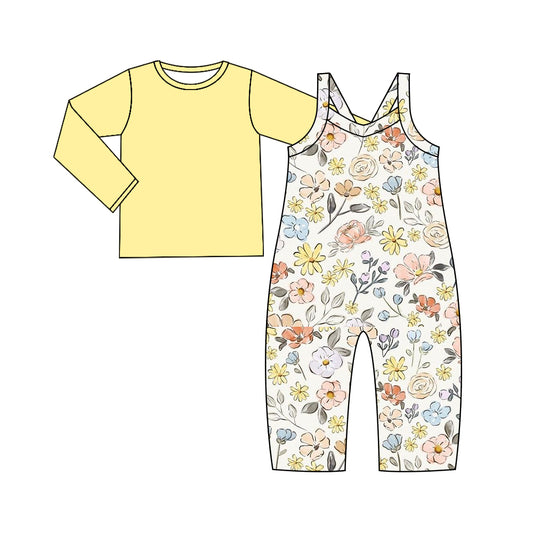 Baby Girl Toddler Long Sleeves Yellow Shirt  Flower Jumpsuit Set