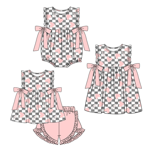 Baby Girl Valentines Hearts Checkered Bows Sibling Romper Dress Clothes Set ( Moq 5 Each Design )11.22
