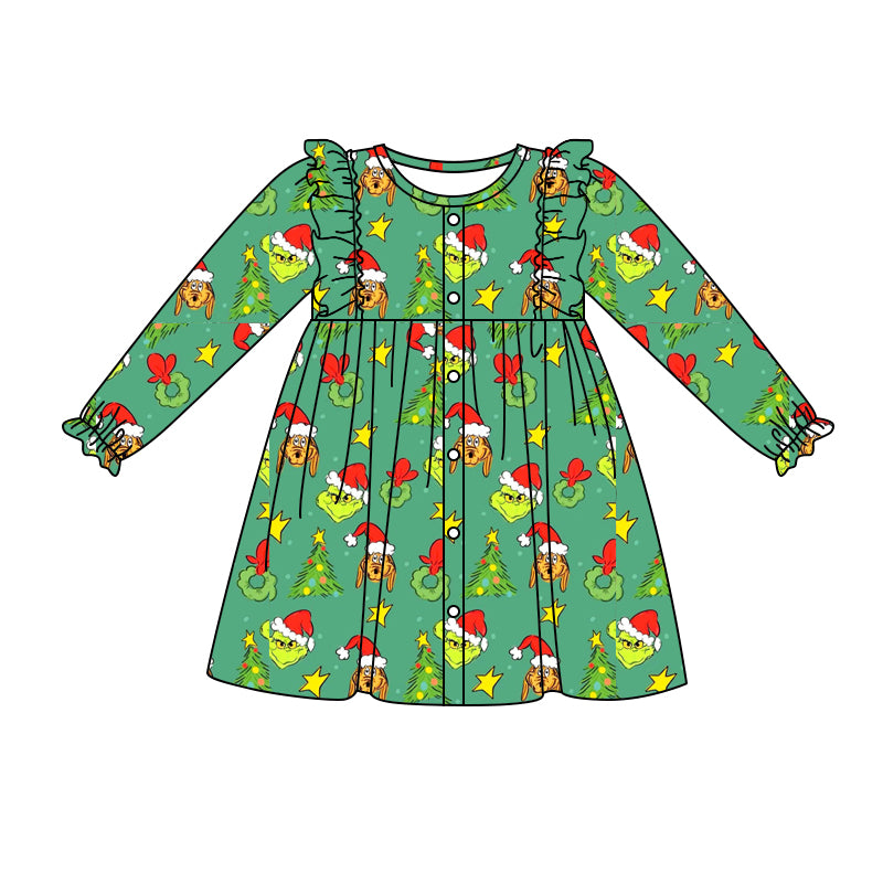 Baby Girl Long Sleeves Christmas Face Dogs Green Dress