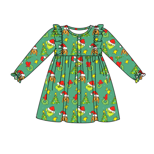 Baby Girl Long Sleeves Christmas Face Dogs Green Dress