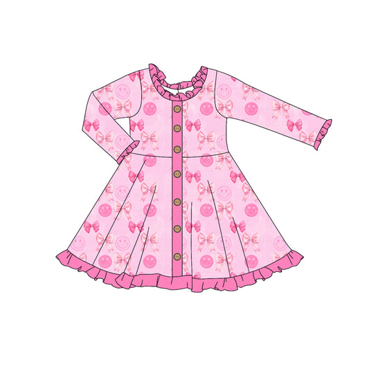 Baby Girl Long Sleeves Smile Bow Buttons Pink Dress