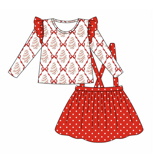 Baby Girl Long Sleeves  Cakes Christmas Tops Dots Red Skirt Set