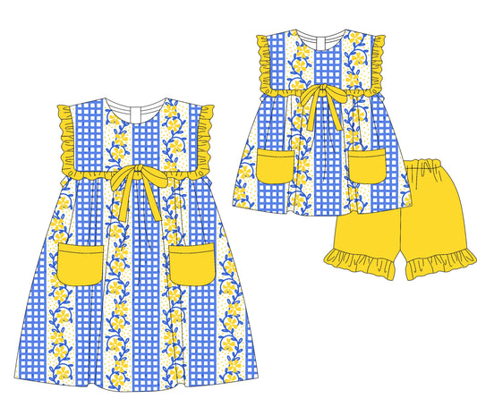 Baby Girl Flower Blue Checked Pockets Sibling Dress Set ( Moq 5 Each Style ) 4.2