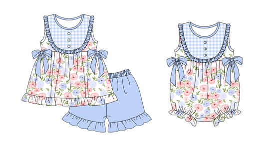 Baby Girl Flower Blue Bows Sibling Summer Romper Set ( Moq 5 Each Design )