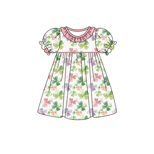 Baby Girl Short Sleeves St. Patrick Clover Knee Length Pink Ruffle Dress Moq 5