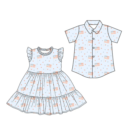 ( Moq 5 Each Style ) Sibling Boys Girls Kids Short Sleeves Flags Stars 4th of July Shirt Dress