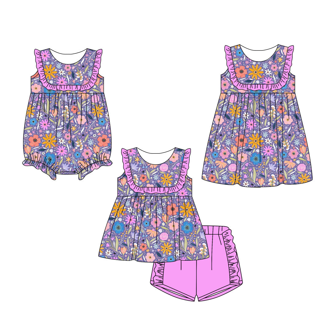 ( Moq 5 Each Style ) Baby Girls Kids Sleeveless Flower Pink Ruffle Sibling Romper Dress Set Clothes