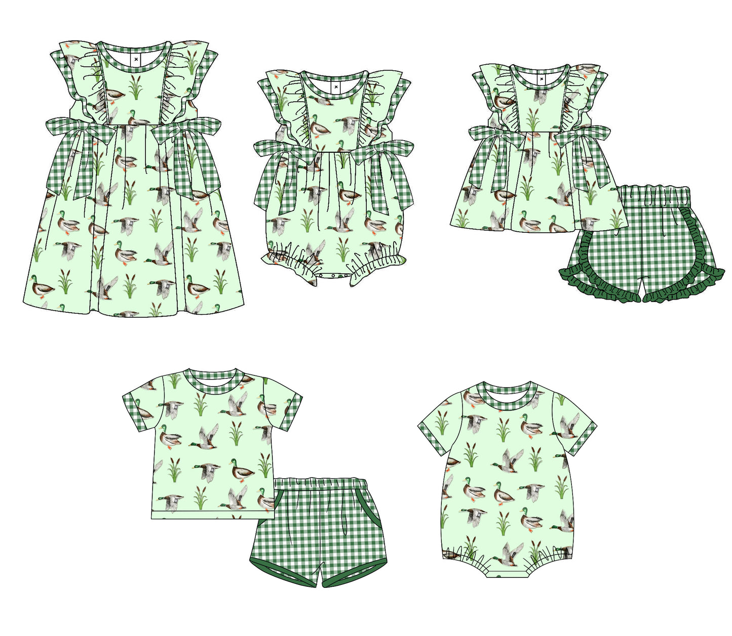 Baby Boy Girl Ducks Green Sibling Matching Green Dress Romper Clothes Set ( Moq 5 Each style )