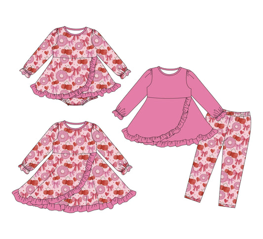 ( Moq 5 Each Style ) Baby Girls Kids Donuts Bows Hearts Sibling Valentine Romper Dress Set