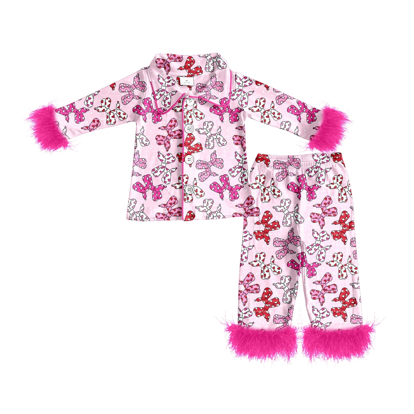 ( Moq 5 ) Baby Girls Fur Long Sleeves Hearts Dogs Buttons Shirt Pants Valentines Pajamas Set