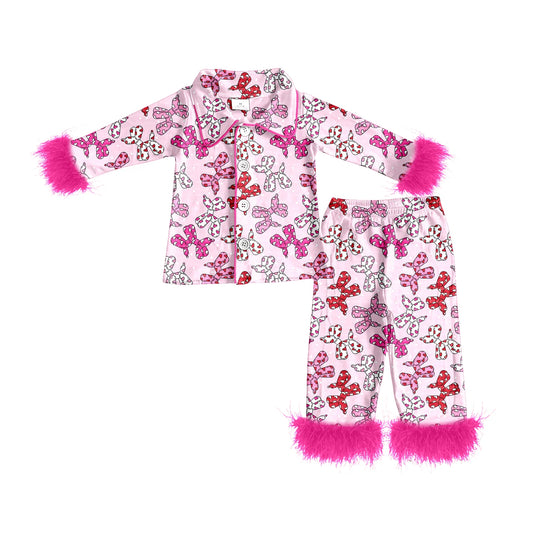 ( Moq 5 ) Baby Girls Fur Long Sleeves Hearts Dogs Buttons Shirt Pants Valentines Pajamas Set