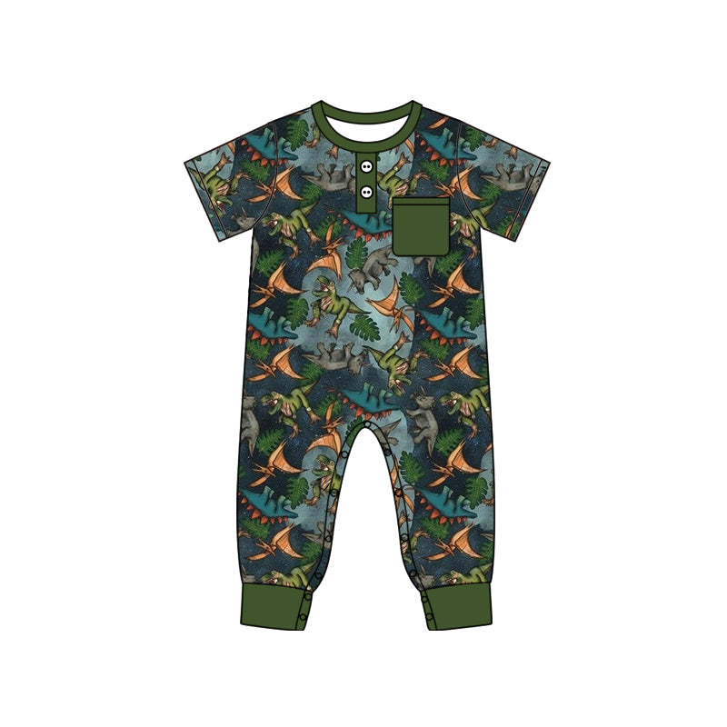 Baby Boy Infant Short Sleeves Dinosaurs Pocket Green Romper Moq 5