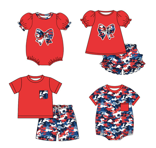 ( Moq 5 Each Style ) Baby Boys Girls Short Sleeves Camo Sibling 4th of July Red Rompers Sets