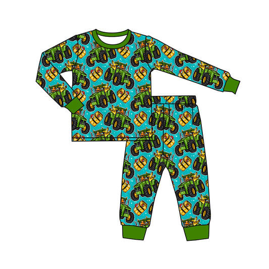 Baby Boy Long Sleeves Tractors Shirt Pants Cartoon Pajamas Green Set