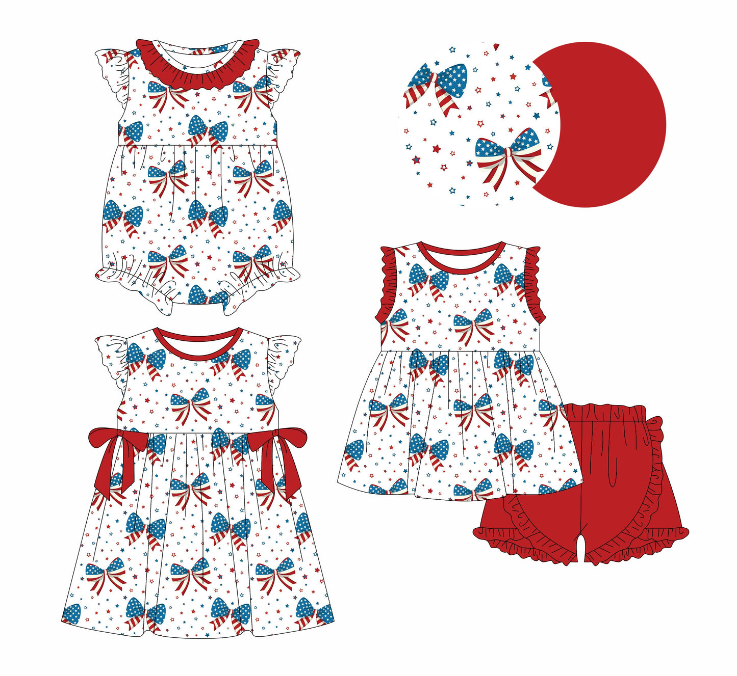Baby Girl 4th Of July Bows Sibling Romper Dress Set ( Moq 5 Each Style ) 3.18