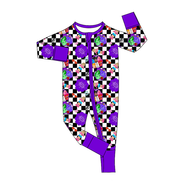 Baby Kids Infant Long Sleeves Purple Toys Checkered Zipper Romper