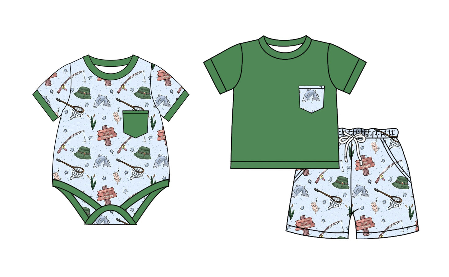 Baby Boy Fishing Green Sibling Romper Set ( Moq 5 Each Style ) 2.11