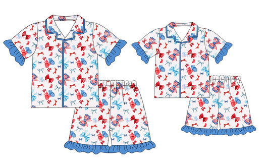 Baby Girl Toddler Adult Women July 4th Bows Sibling Family Pajamas Set ( Moq 5 Each Style ) 12.20
