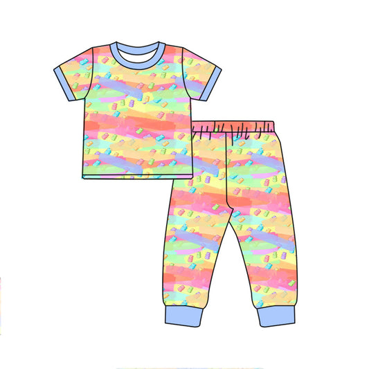 Baby Kids Toddler Short Sleeves Easter Rabbit Colorful Shirt Pants Pajamas Set Moq 5