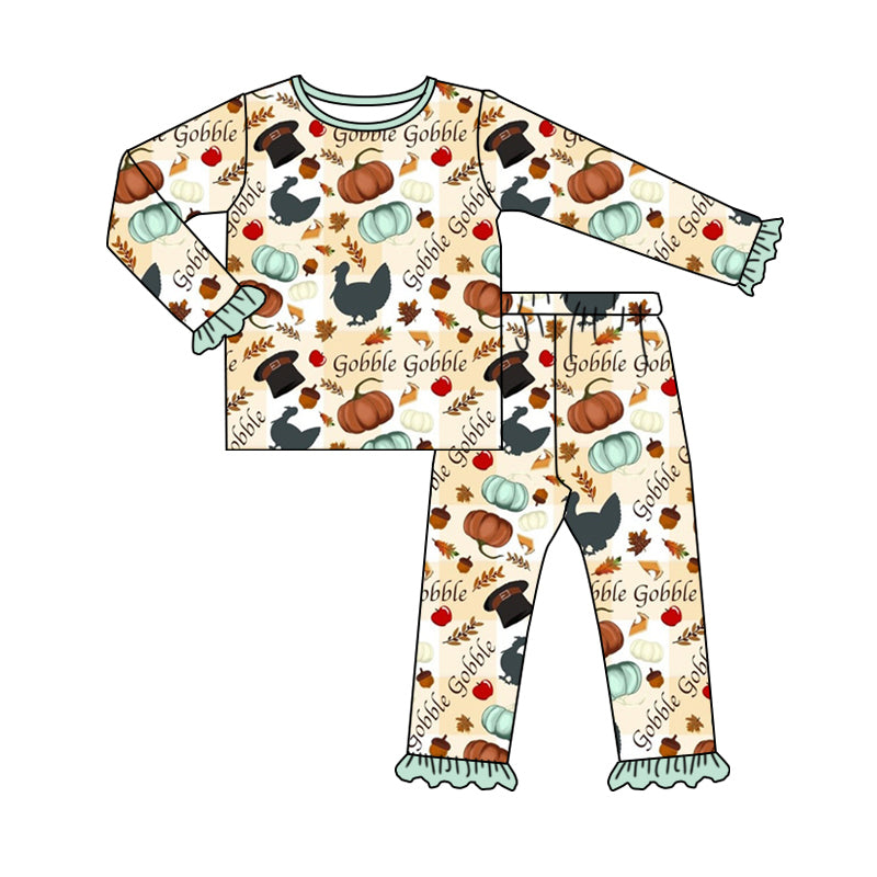 Baby Girl Long Sleeves turkey Pumpkin Shirt Pants Pajamas Thanksgiving Set