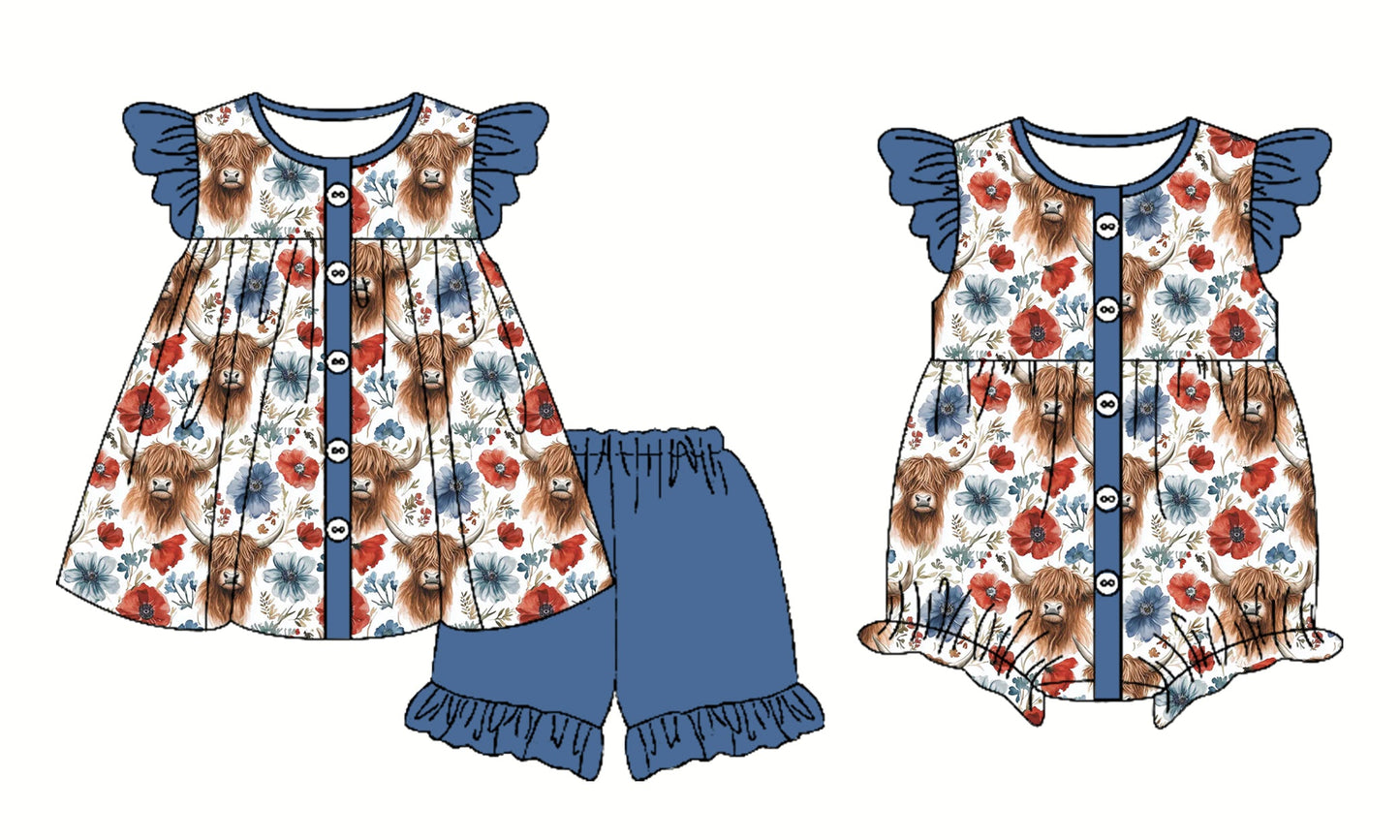 Baby Girl July 4th Cow Flower Blue Sibling Romper Set ( Moq 5 Each Style ) 2.26