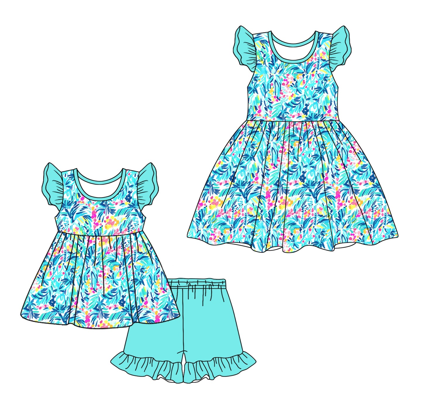 Baby Girl Short Sleeves Blue Flower Sibling Dress Set ( Moq 5 Each Design ) 12.11