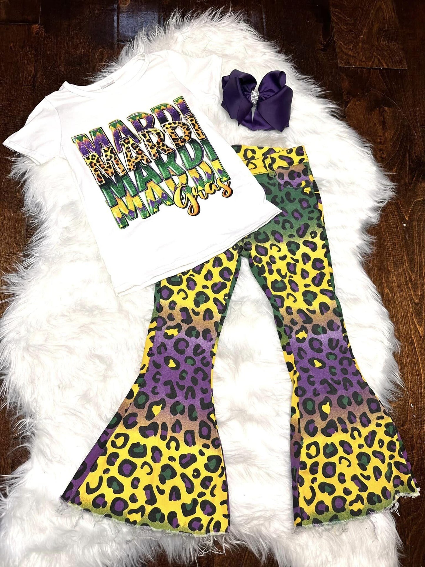 GSPO1330 Baby Girl Mardi Gras Shirt Leopard Denim Pants Set