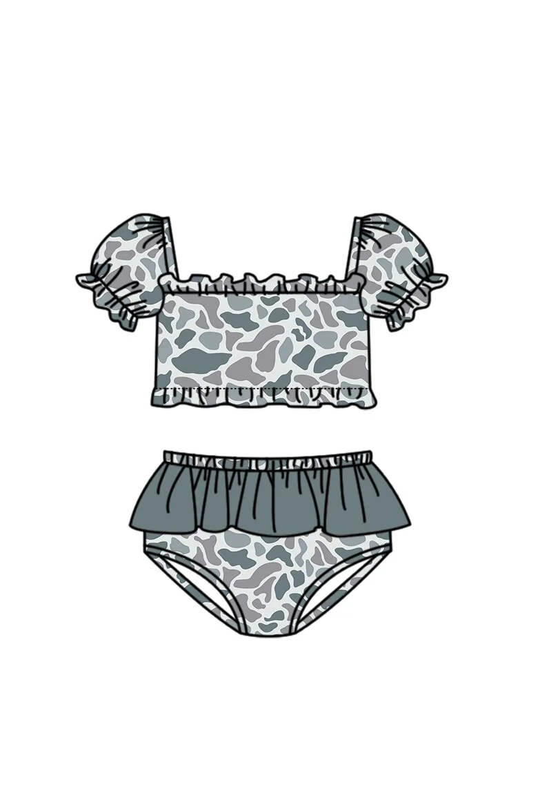 ( Moq 5 ) Preorder Baby Girls Kids Short Sleeves Grey Camo Tops Brown Ruffle Shorts Set Swimsuit