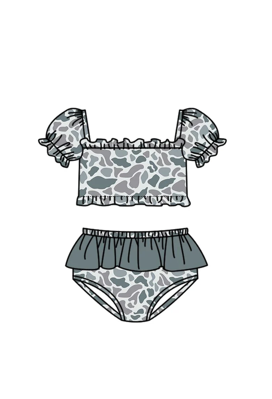 ( Moq 5 ) Preorder Baby Girls Kids Short Sleeves Grey Camo Tops Brown Ruffle Shorts Set Swimsuit