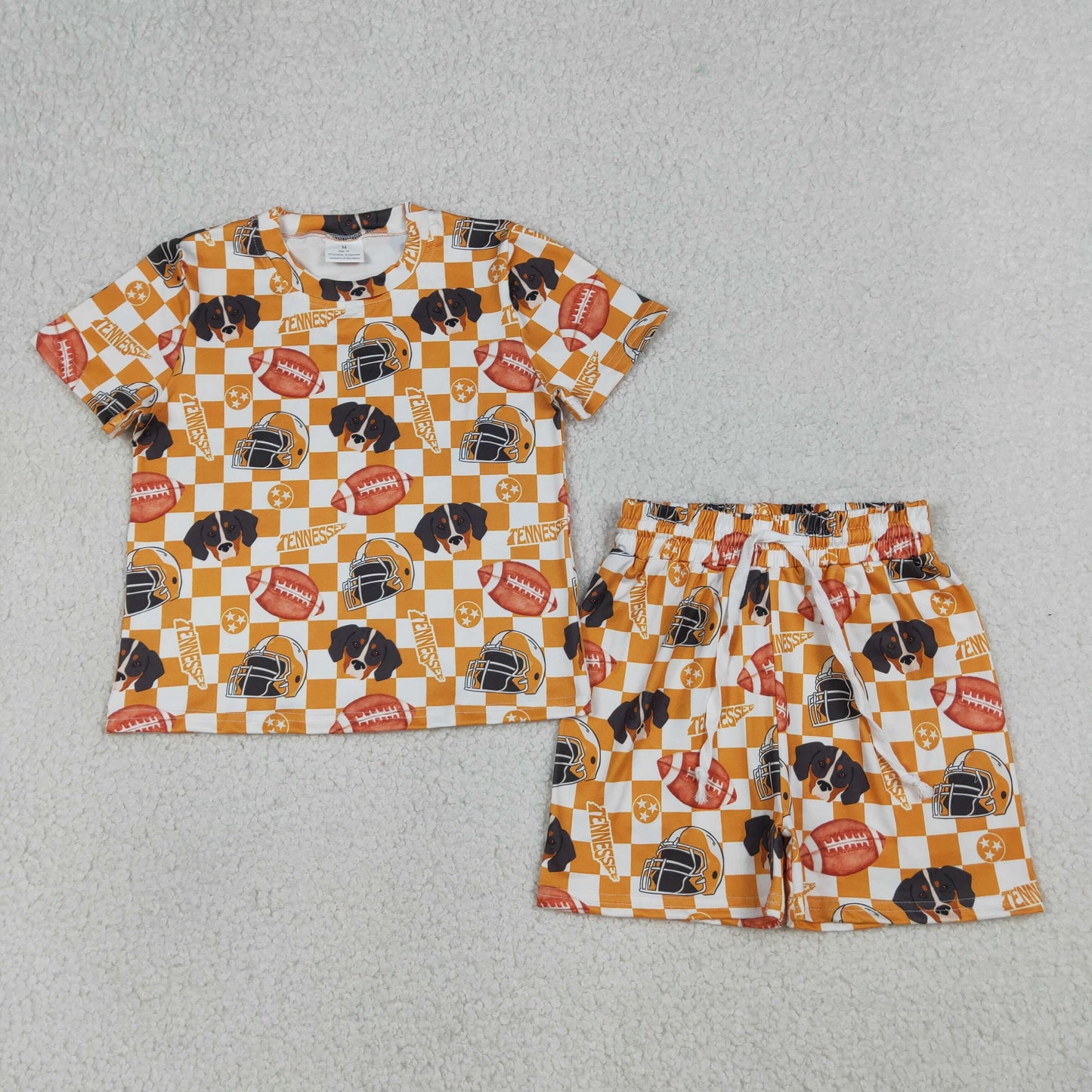 Baby Girls Kids Short Sleeves Dogs Football Orange Checked Shirt Shorts Team Clothes Set