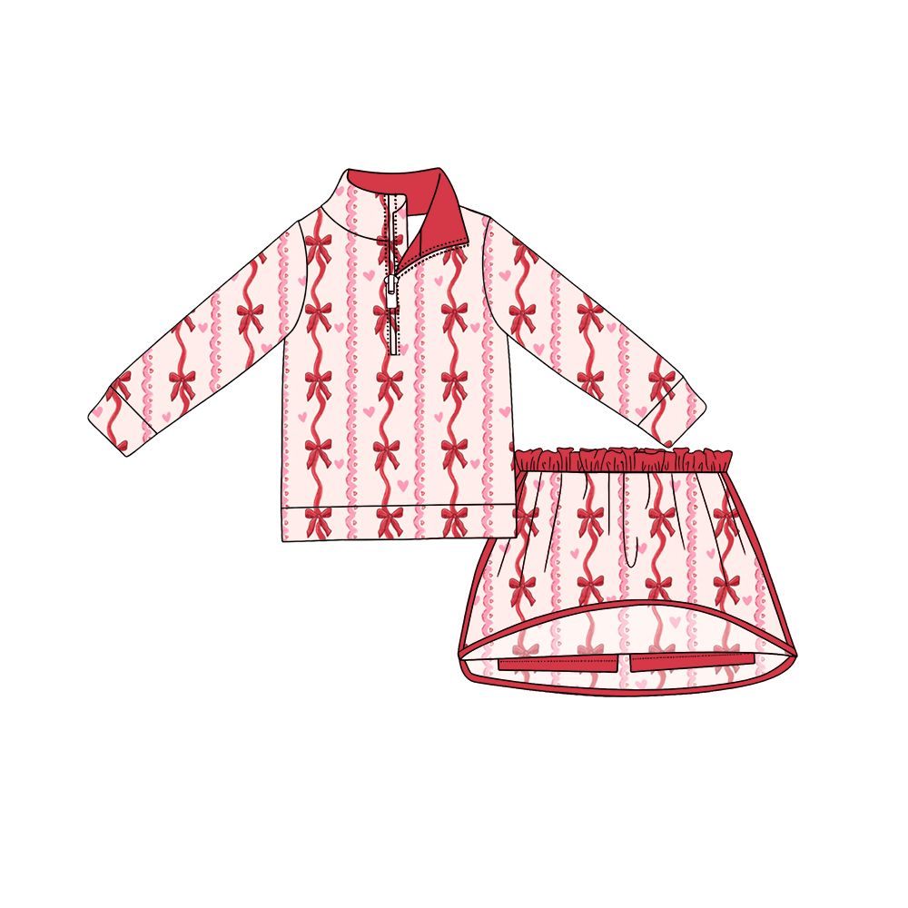 ( Moq 5 ) Preorder Baby Girls Kids Long Sleeves Hearts Bows Shirt Skirt Shorts Valentine Set Clothes