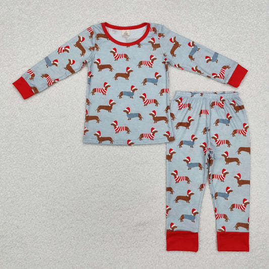 Baby Boy Long Sleeves Christmas Dog Shirt Pants Pajamas Blue Outfit Bamboo Set