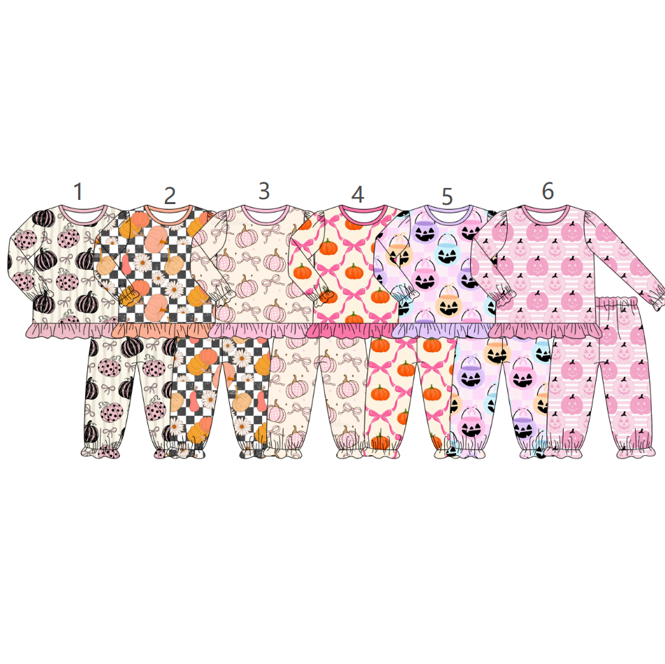 ( Moq 5 Each Style ) Sibling Baby Girls Kids Long Sleeves Pumpkins Halloween Shirt Pants Sets Pajamas Clothes