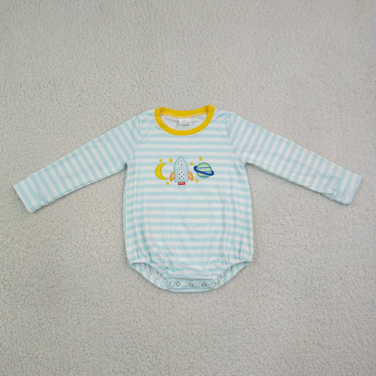 Baby Boys Infant Long Sleeves Blue Stripes Embroidery Bubble Romper Clothes RTS