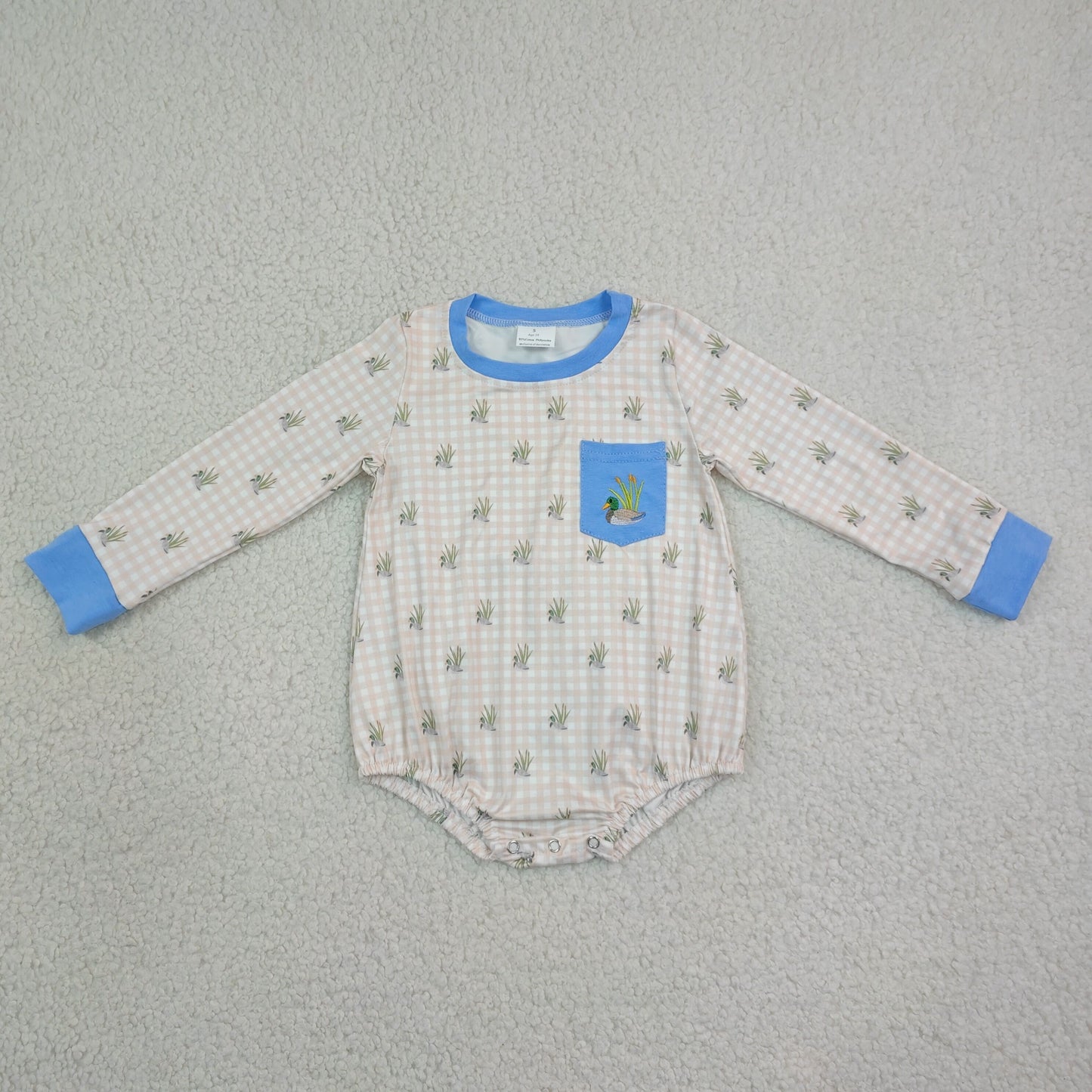 Baby Boys Infant Long Sleeves Embroidery Ducks Plaid Pocket Romper Clothes RTS