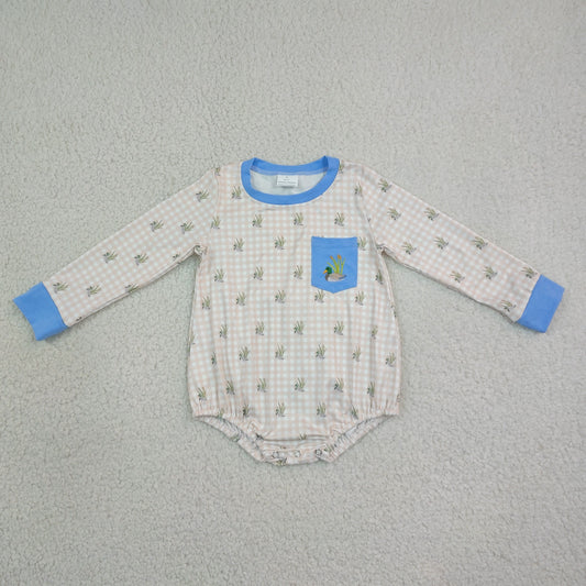Sibling Baby Boys Long Sleeves Embroidery Ducks Deer Pockets Plaid Bubble Rompers RTS