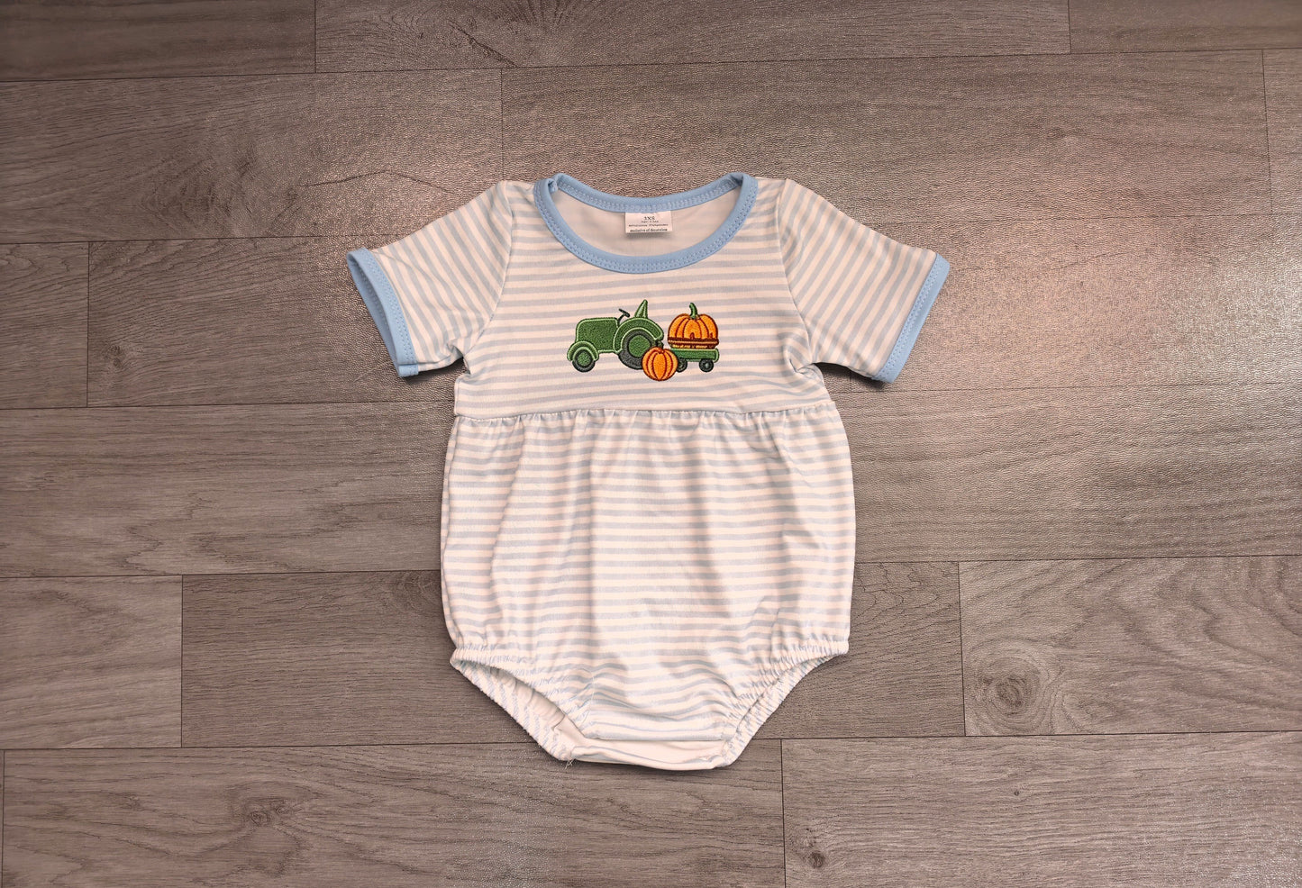 ( No moq ) Preorder Baby Boys Kids Embroidery Pumpkin Tractor Blue Stripes Fall Romper Clothes